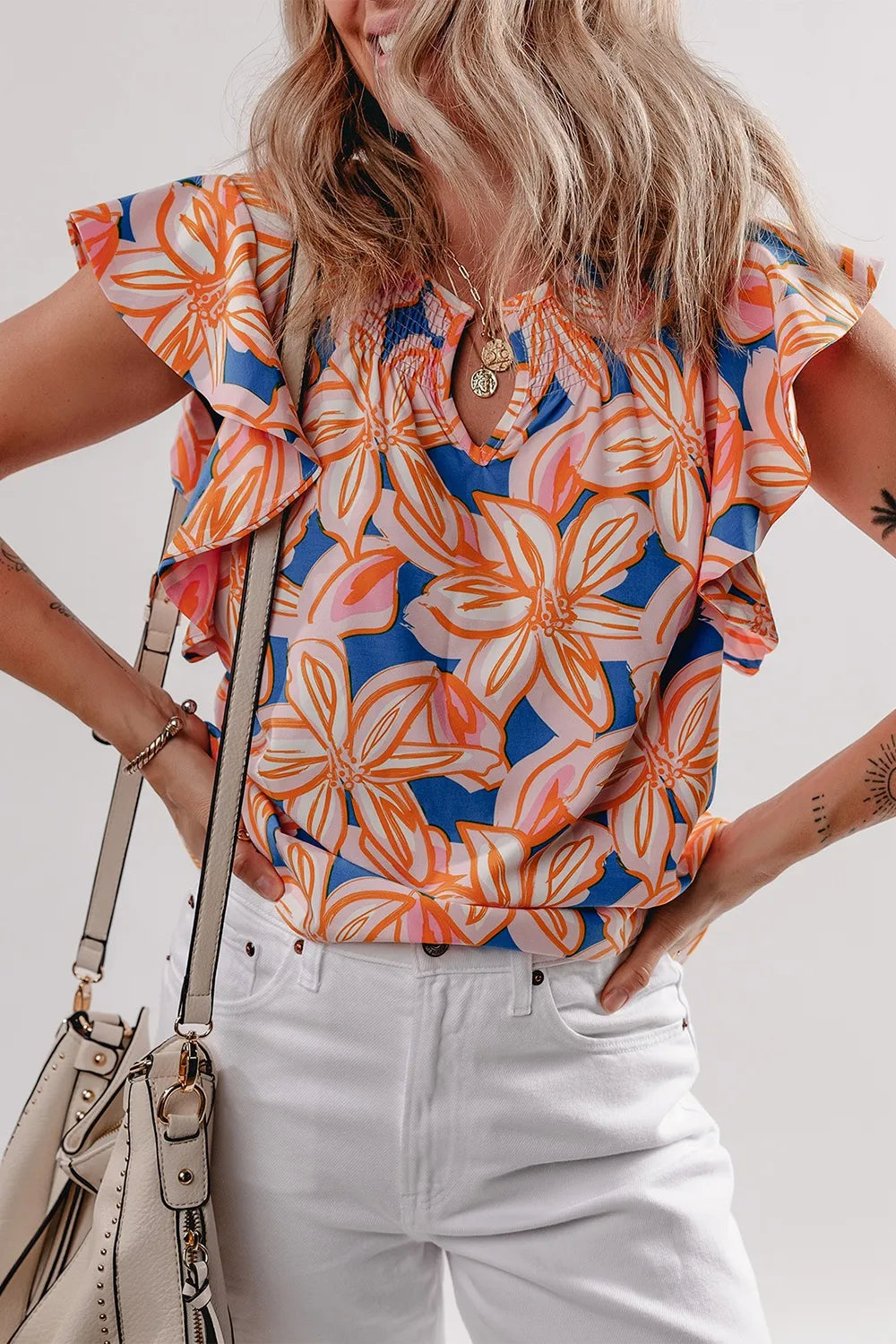 Flower Print Notched Neck Ruffle Sleeve Blouse OutfitFlow