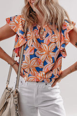 Flower Print Notched Neck Ruffle Sleeve Blouse OutfitFlow