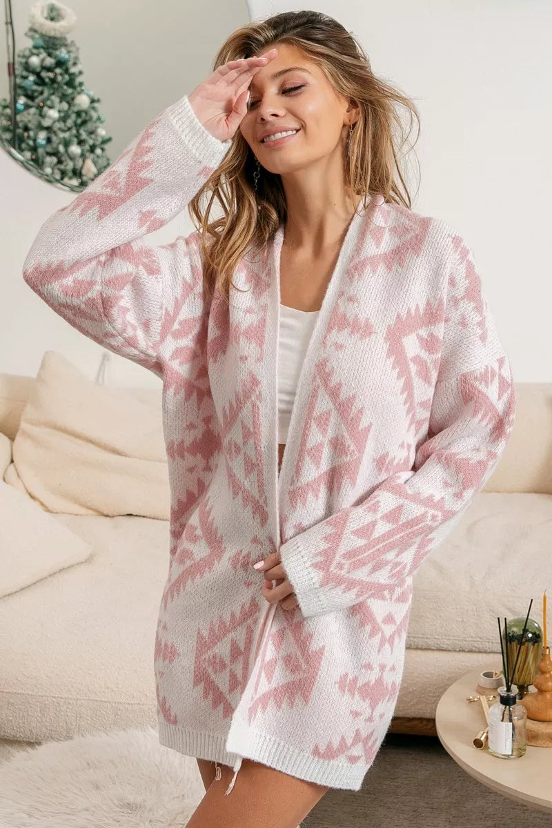 BiBi Aztec Pattern Open Front Cardigan IVORY OutfitFlow