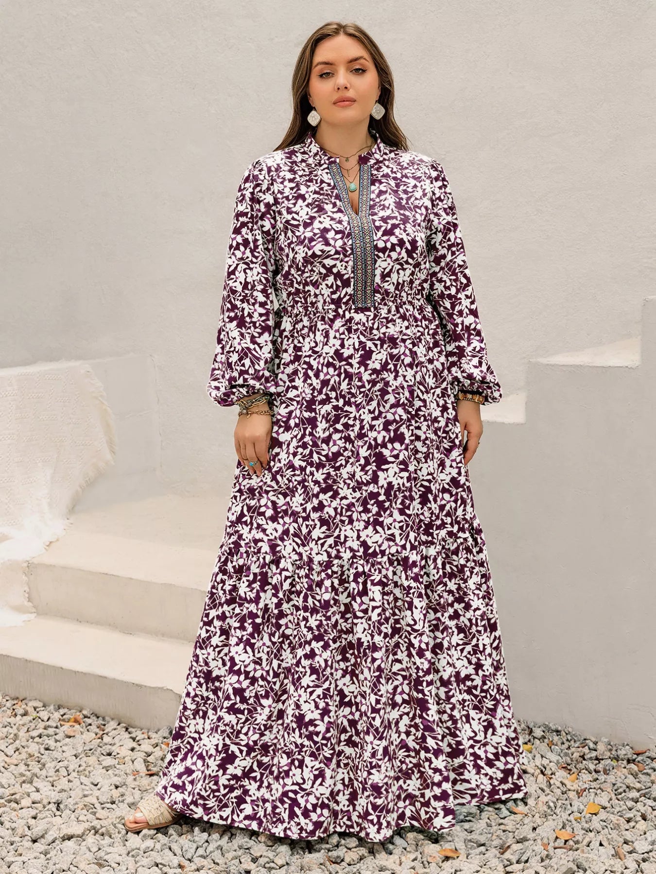 Plus Size Floral Print Maxi Dress with Long Sleeves OutfitFlow