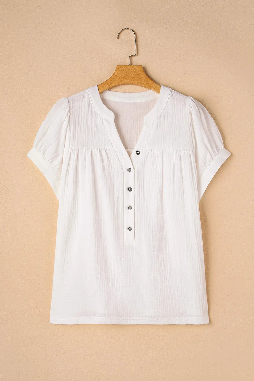 Textured Short Sleeve Buttons Frayed Blouse OutfitFlow