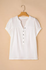 Textured Short Sleeve Buttons Frayed Blouse OutfitFlow