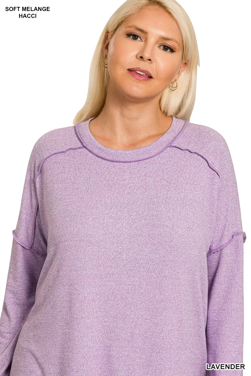 Zenana Full Size Melange Hacci Exposed Seam Hi-low Tee Plus Size OutfitFlow