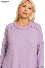 Zenana Full Size Melange Hacci Exposed Seam Hi-low Tee Plus Size OutfitFlow