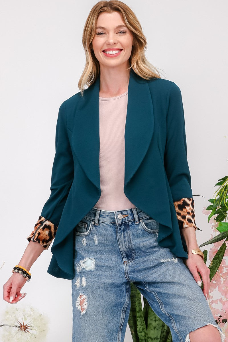 Outfit Flow - Celeste Full Size Rolled Leopard Cuff Open Front Blazer