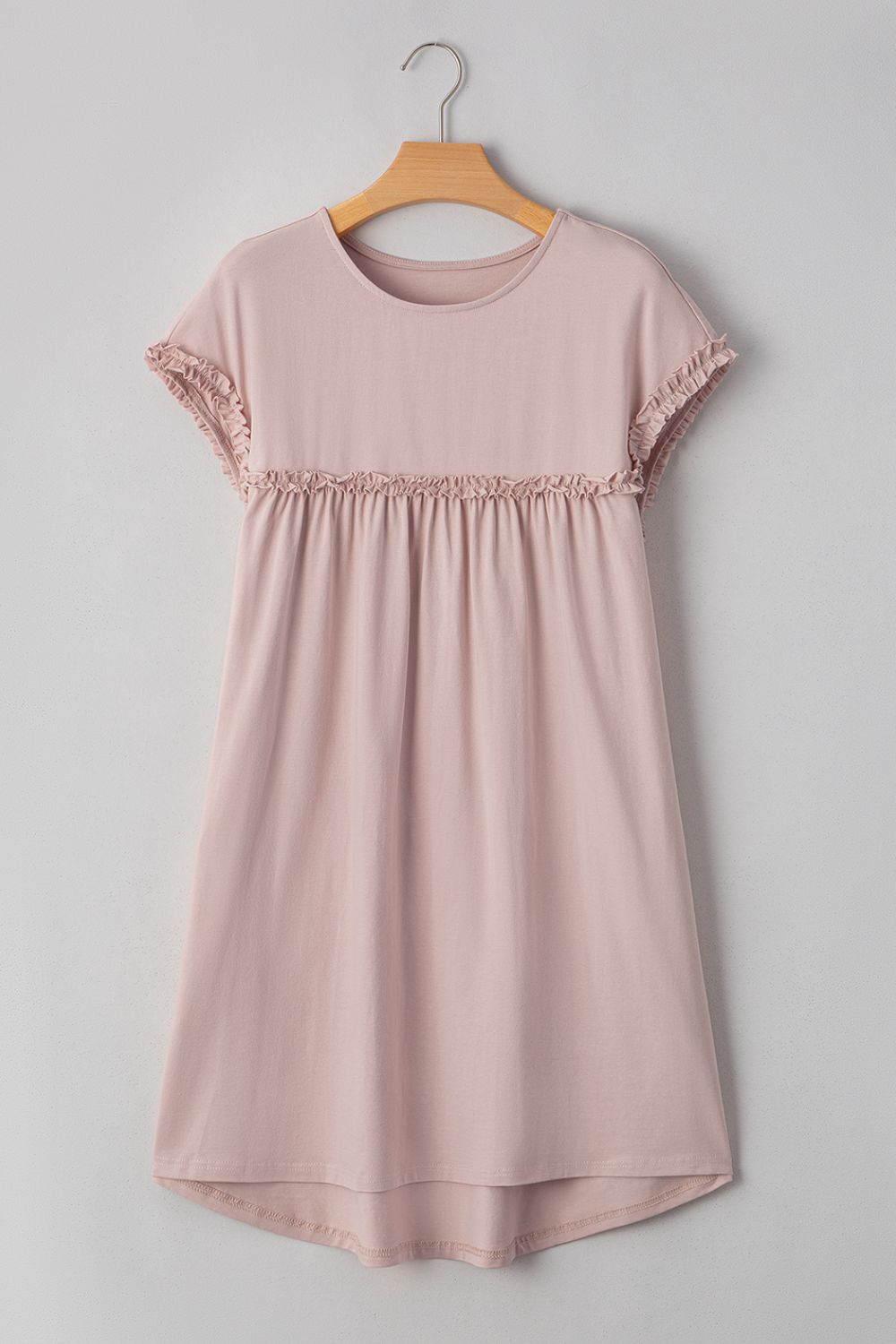Frilled Trim Crew Neck Cap Sleeve Loose Fit Mini Dress OutfitFlow