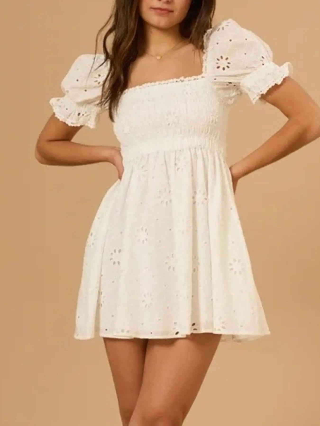 Eyelet Puff Sleeve Smocked Mini Dress OutfitFlow