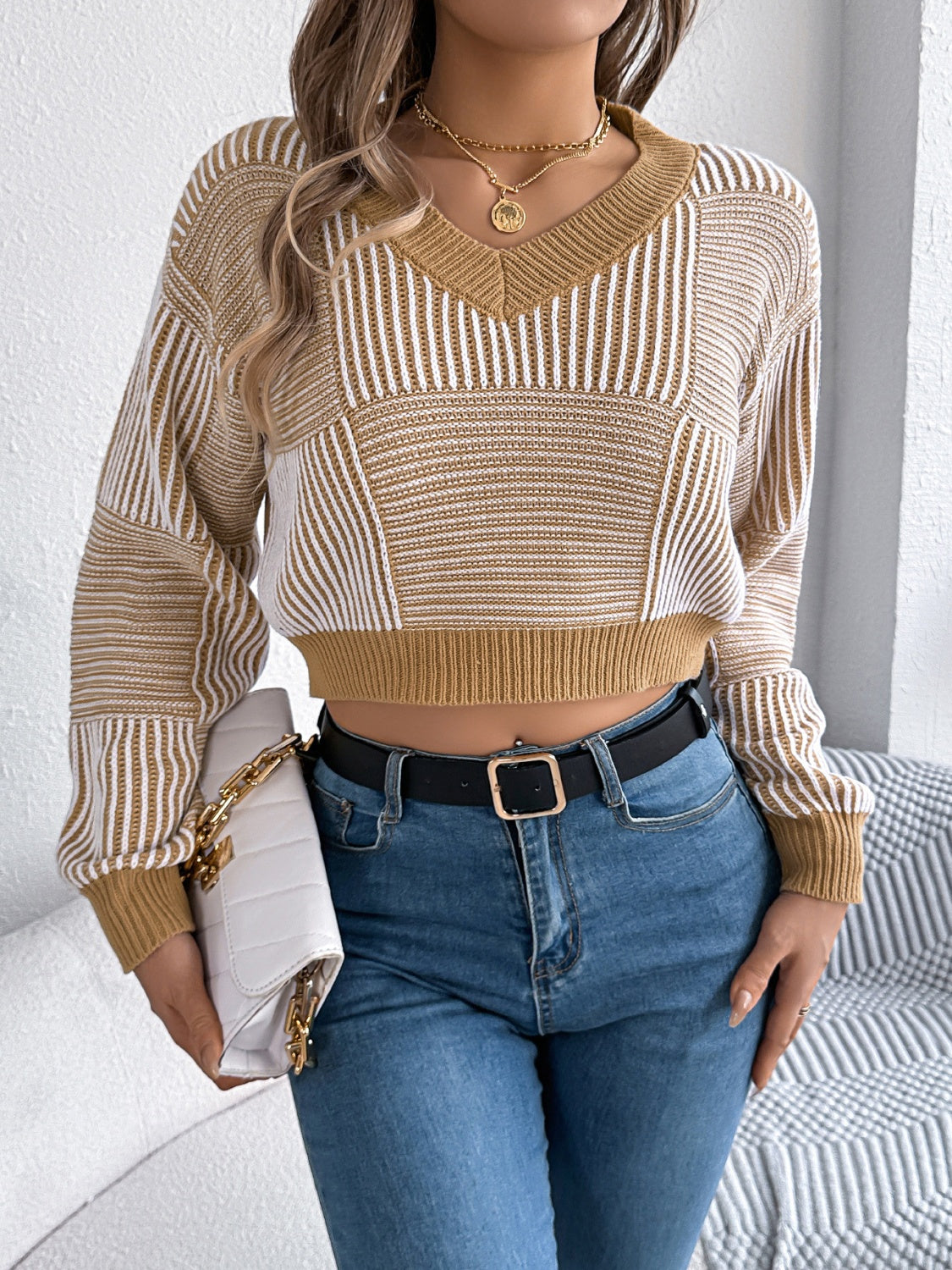 Outfit Flow - Striped V-Neck Long Sleeve Sweater