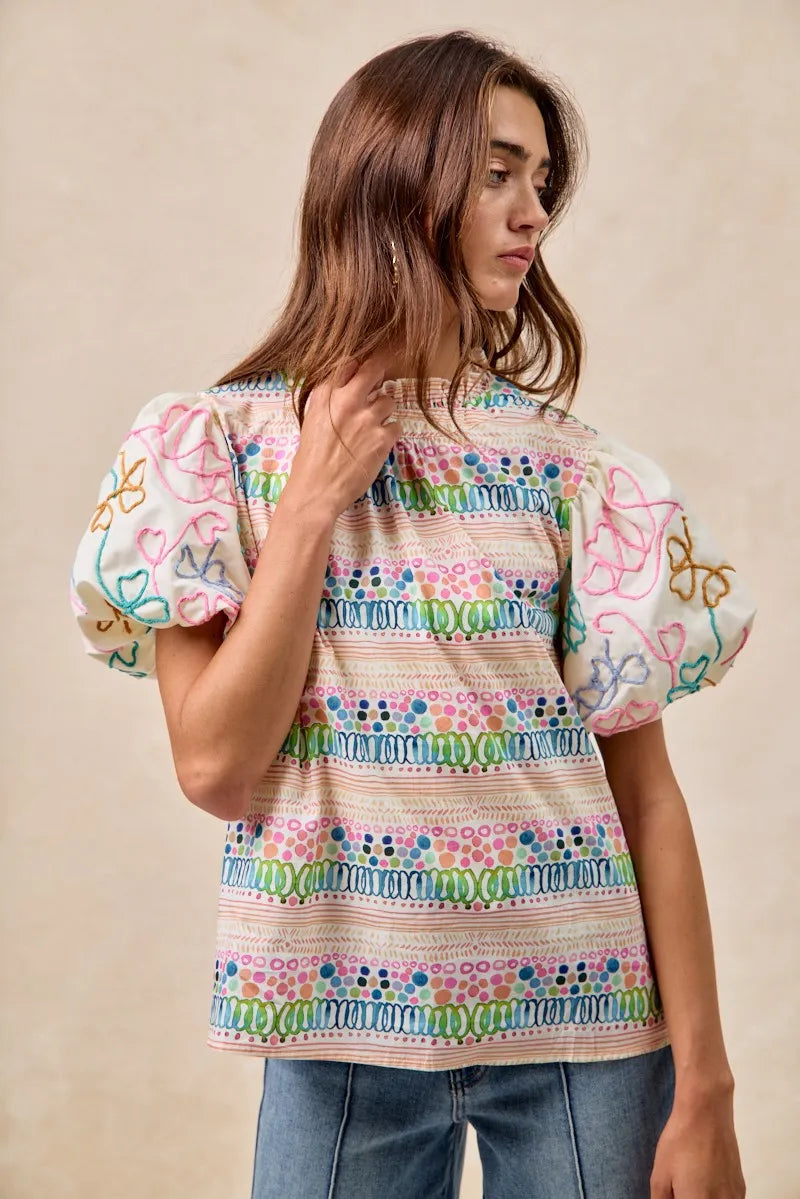 BiBi Ruffle Neckline Blouse With Embroidery Bubble Sleeve OutfitFlow