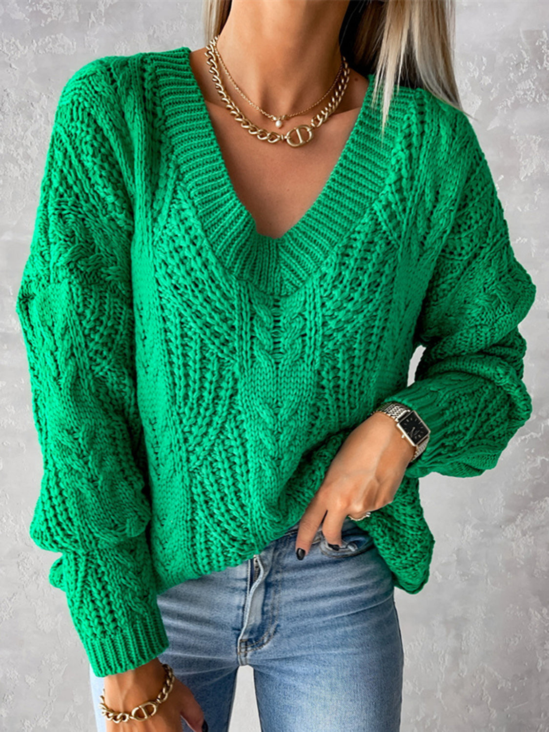 V-Neck Cable-Knit Long Sleeve Sweater OutfitFlow