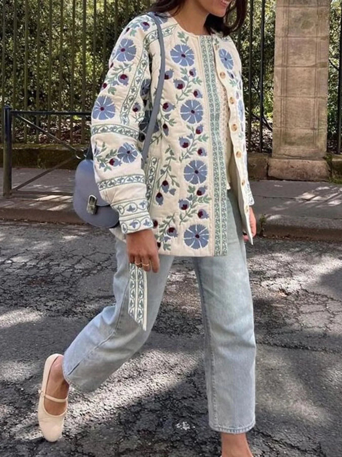 Printed Button Down Long Sleeve Winter Coat OutfitFlow