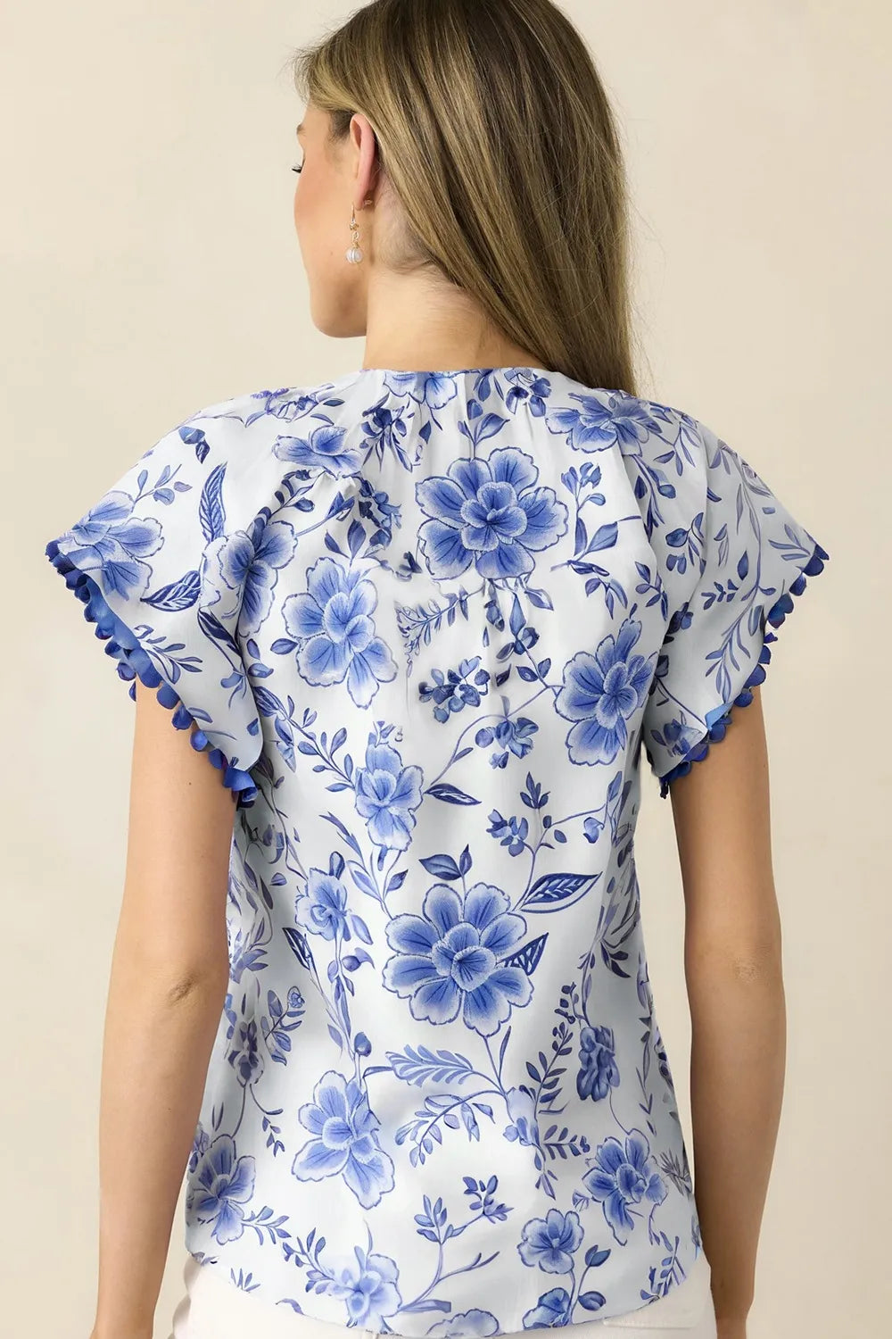 Floral Print Ricrac Trim Short Sleeve Blouse OutfitFlow