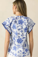 Floral Print Ricrac Trim Short Sleeve Blouse OutfitFlow