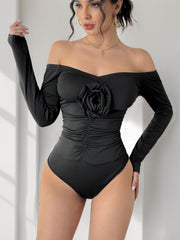 Perfee Ruched Flower Off-Shoulder Long Sleeve Bodysuit