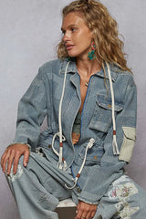 POL Raw Hem Drawstring Zip Up Hooded Denim Jacket OutfitFlow