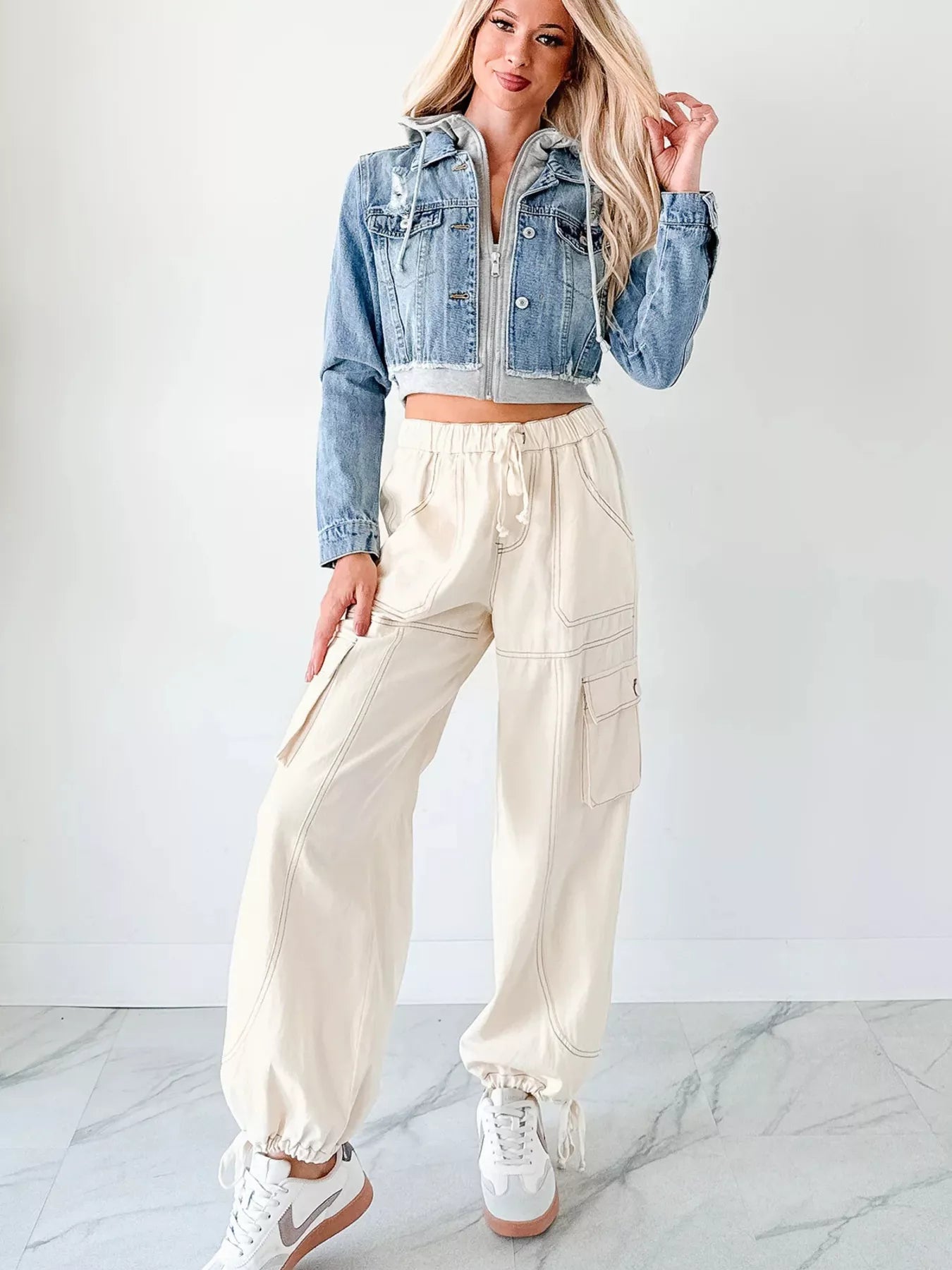 Distressed Zip Up Cropped Hooded Denim Jacket OutfitFlow
