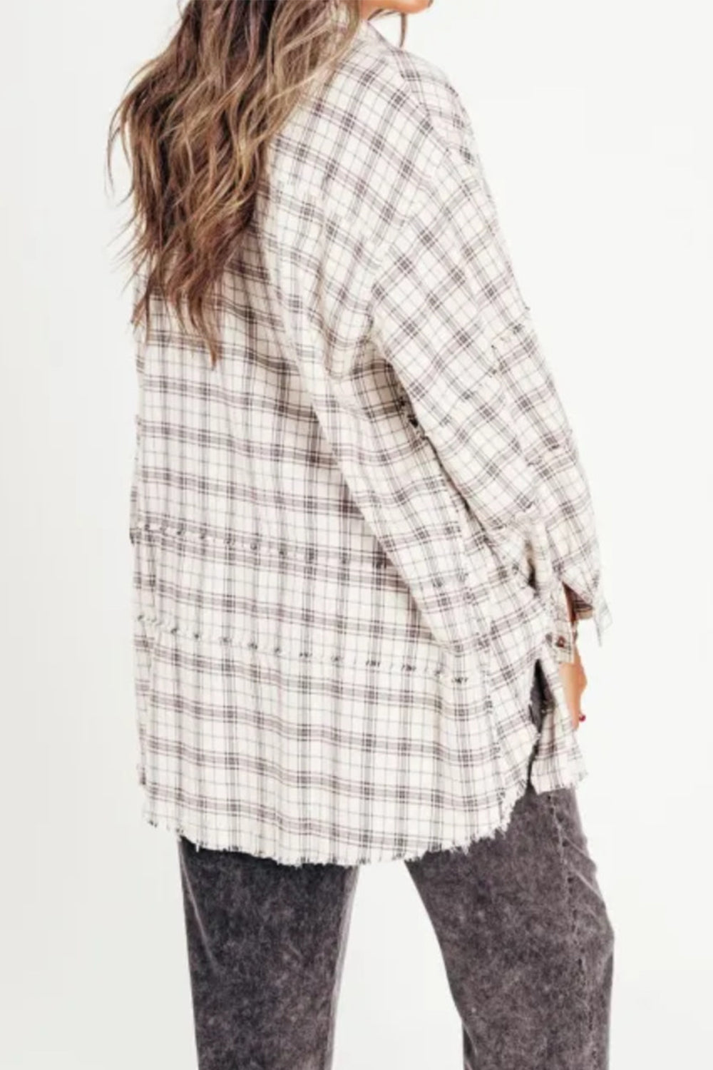 Outfit Flow - Exposed Seam Plaid Collared Neck Long Sleeve Shirt