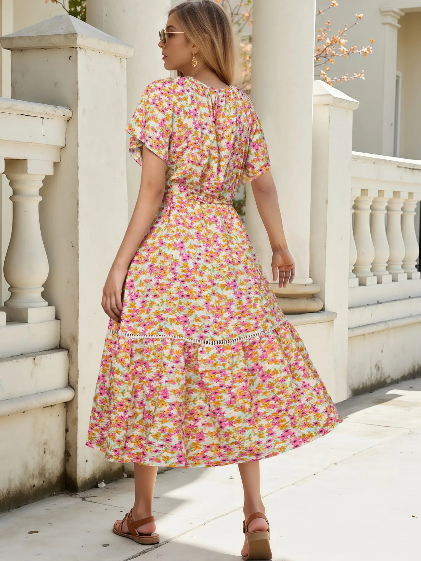 Floral Print Ruffle Hem Midi Dress OutfitFlow