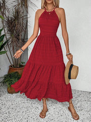 Halter Neck Smocked Tiered Dress Red OutfitFlow
