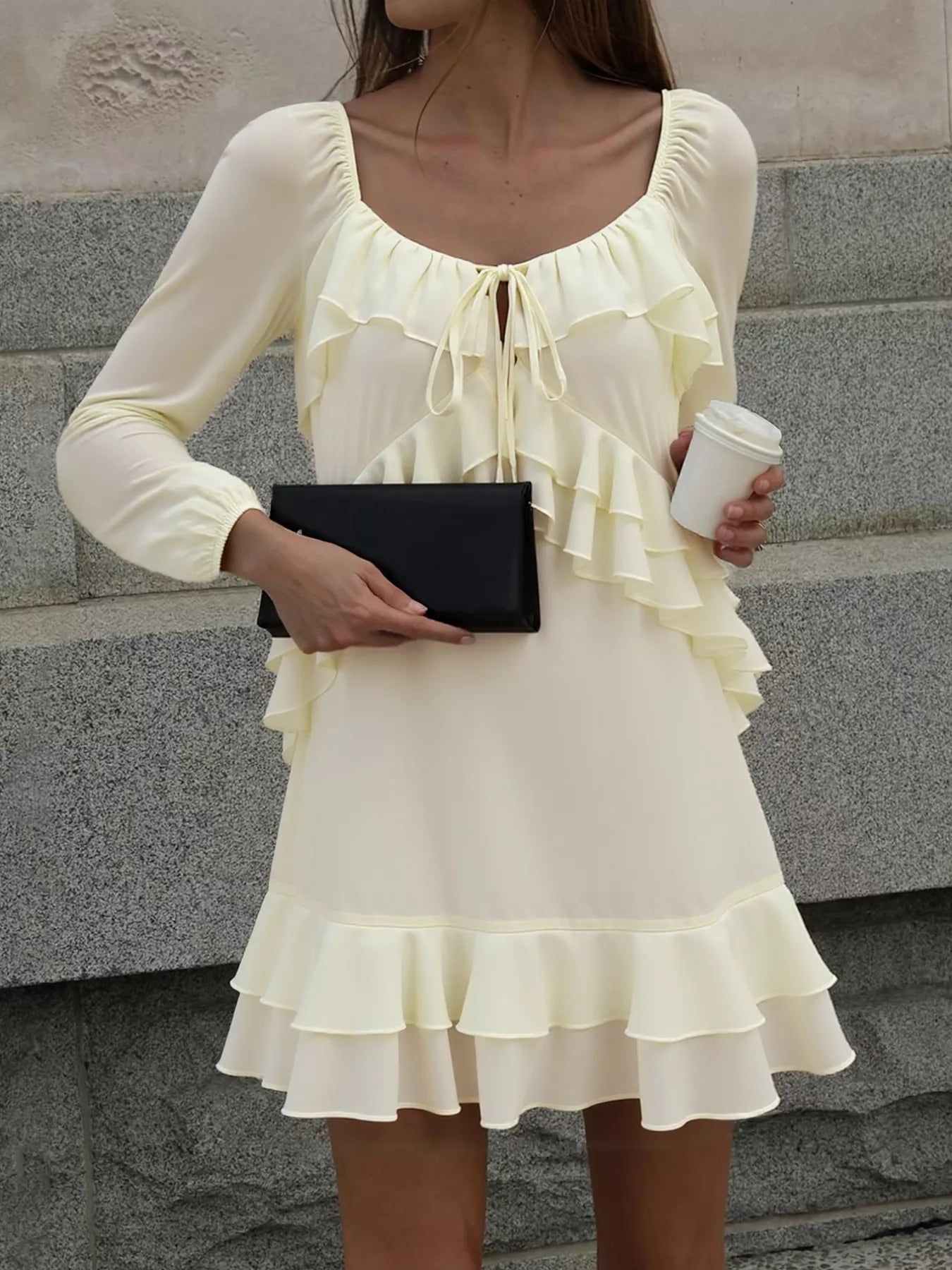Ruffle Trimmed Long Sleeve Mini Dress OutfitFlow
