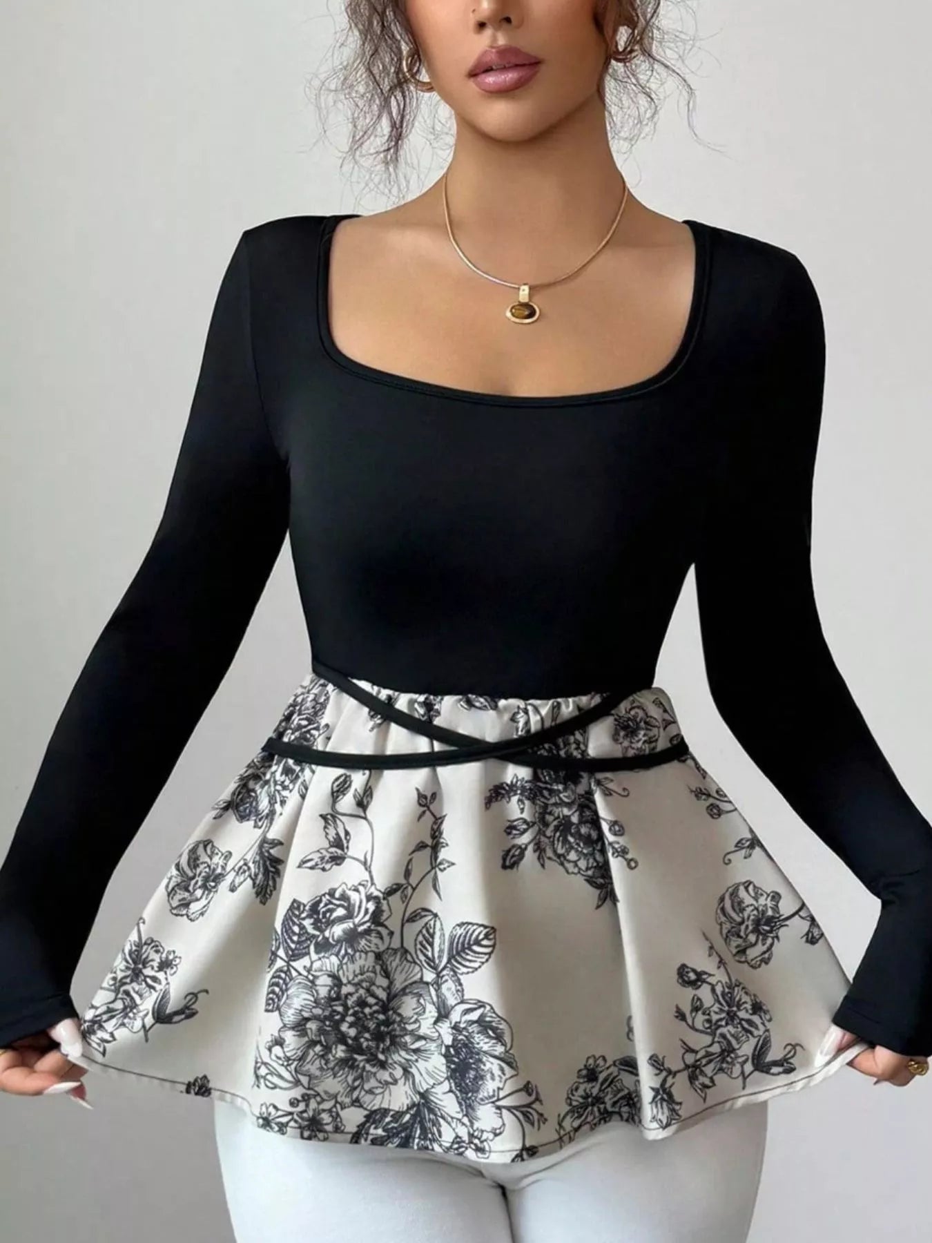 Floral Print Peplum Hem Long Sleeve Top OutfitFlow