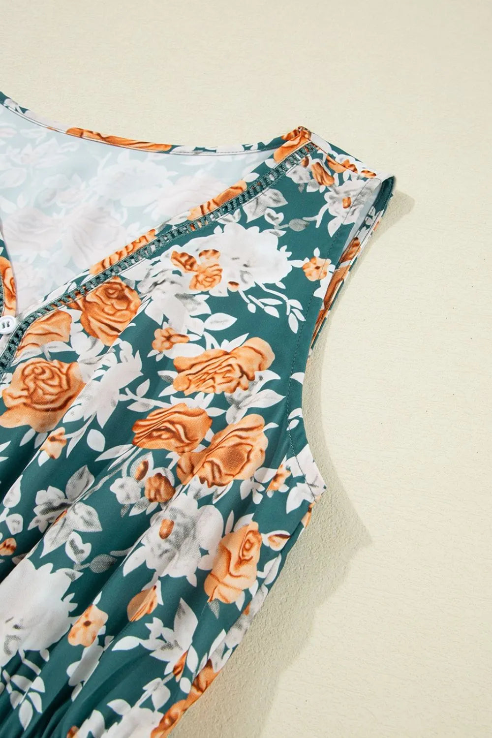 Floral Print Trimmed V Neck Tie Waist Sleeveless Dress OutfitFlow