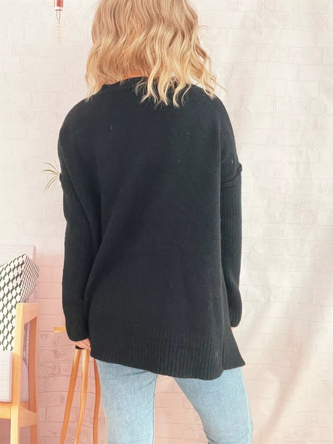 V-Neck Dropped Shoulder Sweater OutfitFlow