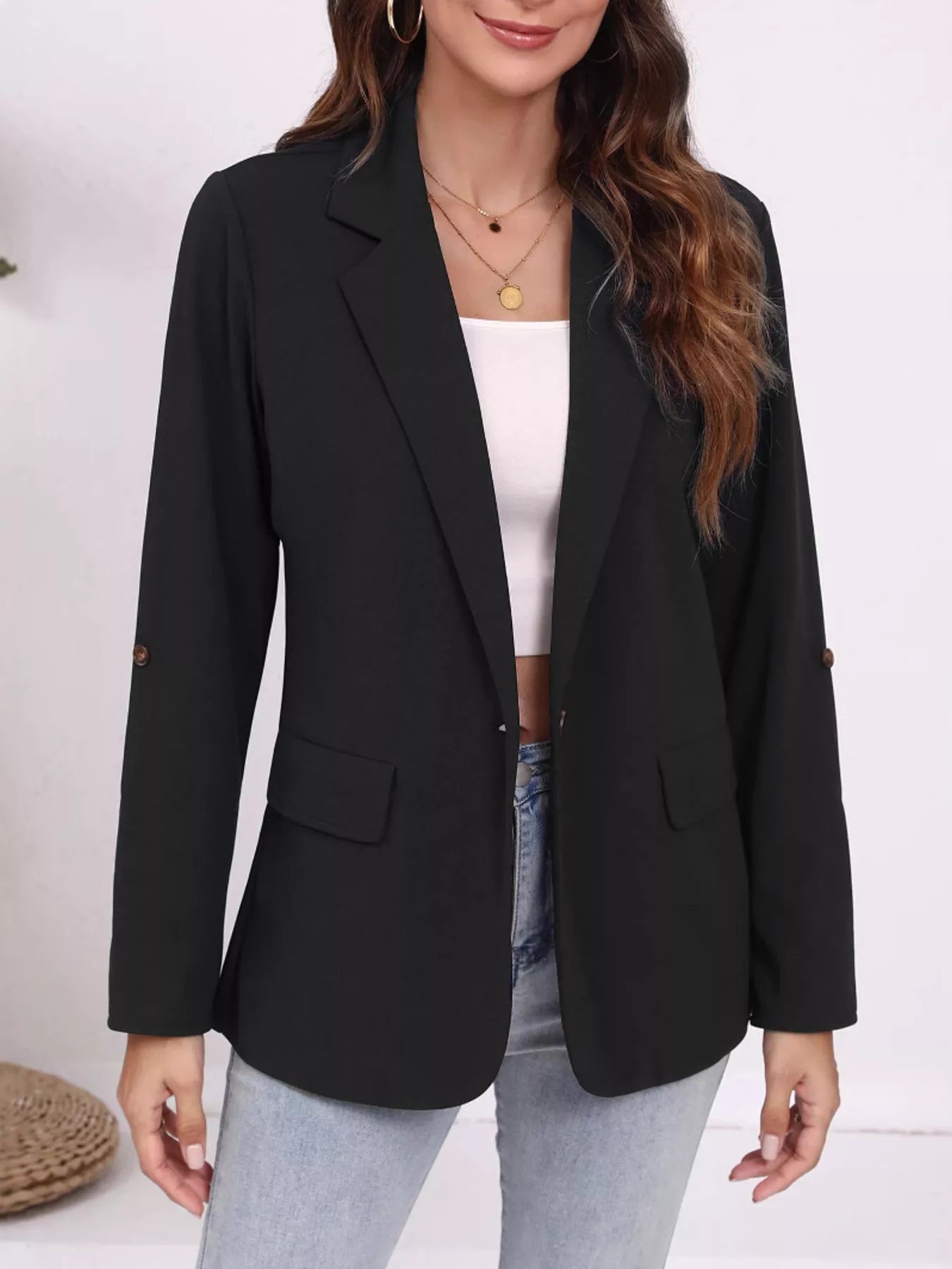 Lapel Collar Roll-Up Sleeve Blazer OutfitFlow