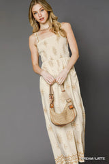 Umgee Smocked Printed Wide Leg Jumpsuit CREAM LATTE OutfitFlow