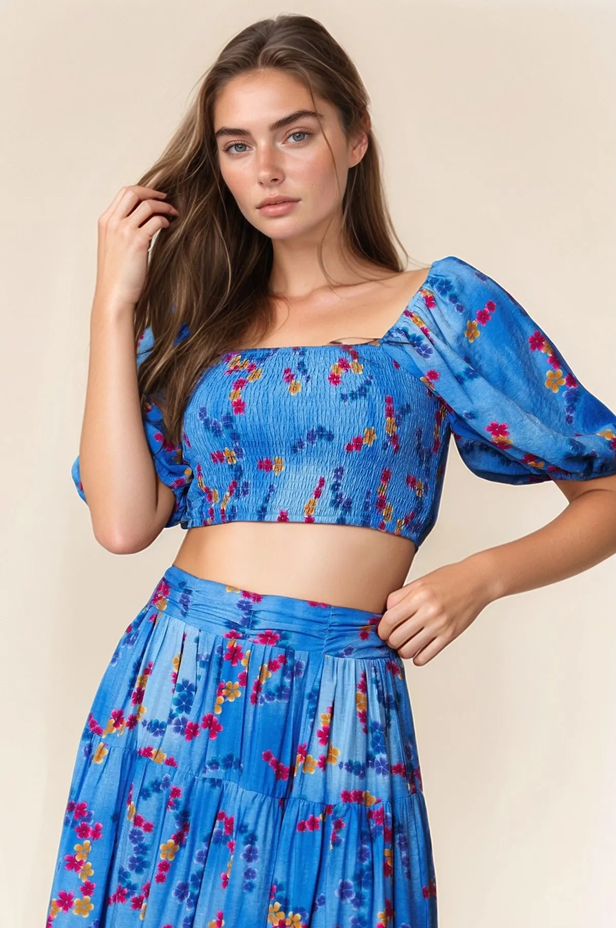 Davi & Dani Smocing Bodice Puff Short Sleeve Printed Crop Top OutfitFlow