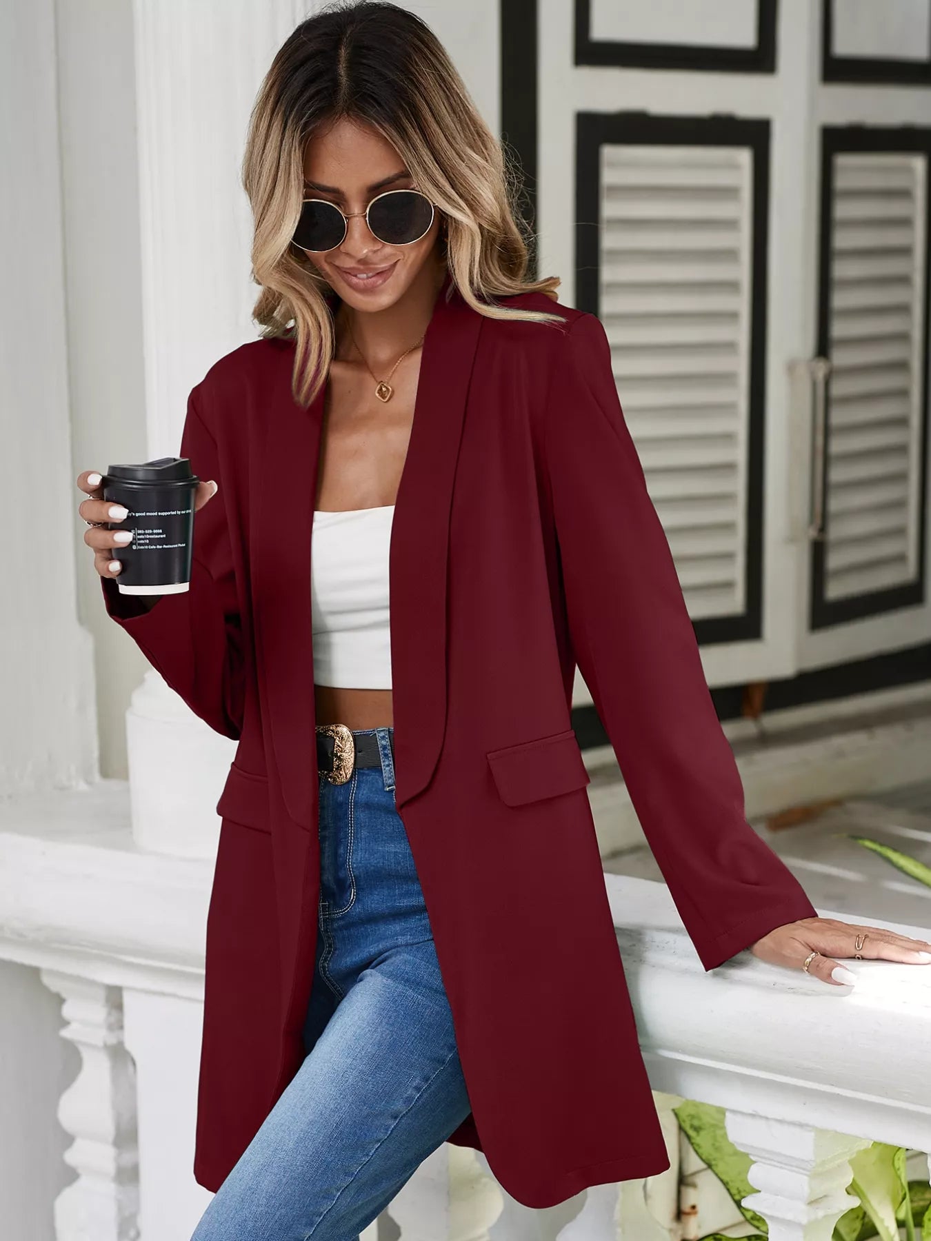 Lapel Collar Long Sleeve Blazer OutfitFlow