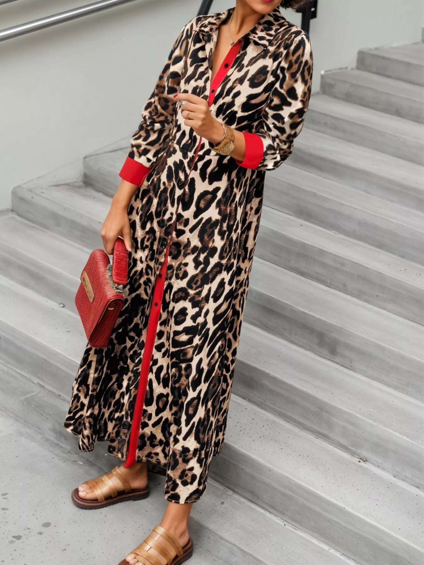 Leopard Print Long Sleeve Shirt Dress with Contrast Trim Scarlet OutfitFlow