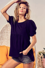 BiBi Cotton Span Knit With Puff Sleeve Baby Doll Top OutfitFlow