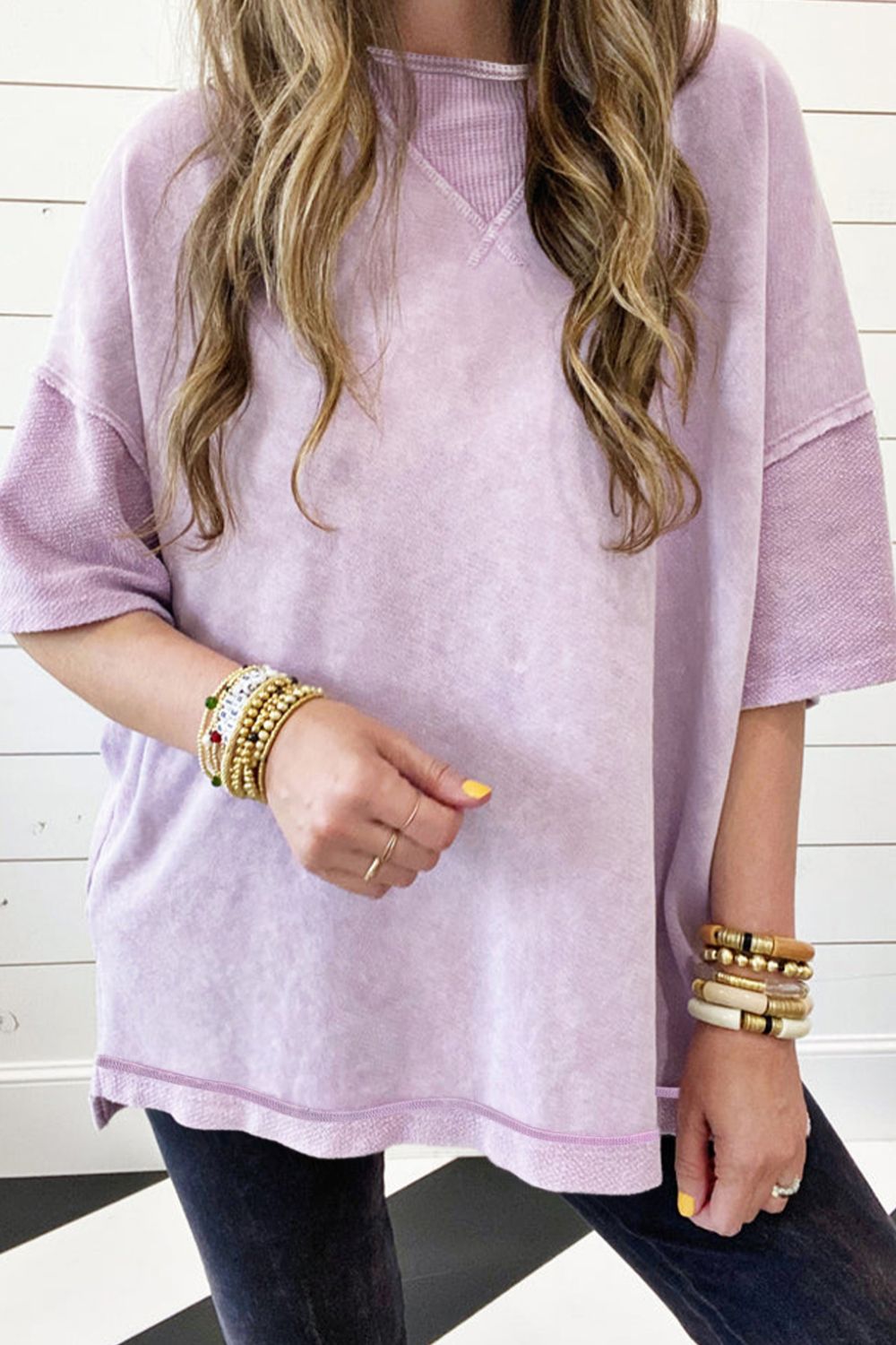 Mineral Wash Drop Shoulder Round Neck T-Shirt Pink Purple OutfitFlow