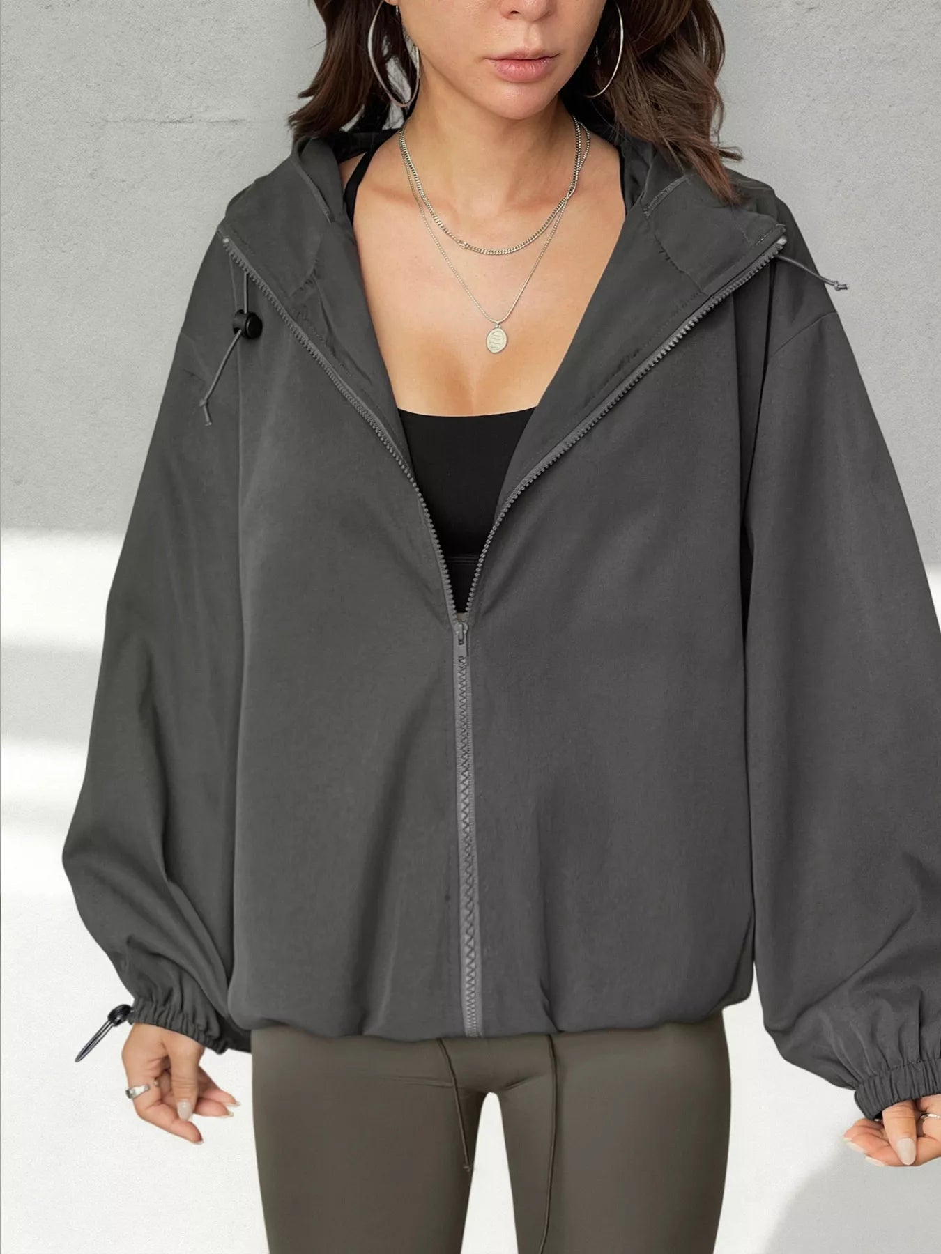 Drawstring Zip Up Hooded Jacket OutfitFlow
