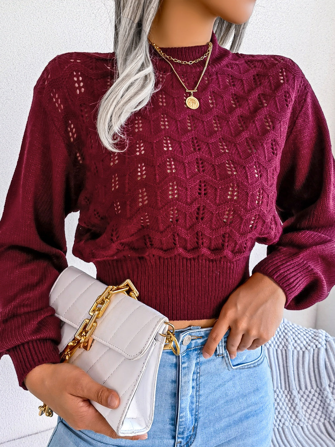 Outfit Flow - Openwork Mock Neck Long Sleeve Cropped Sweater