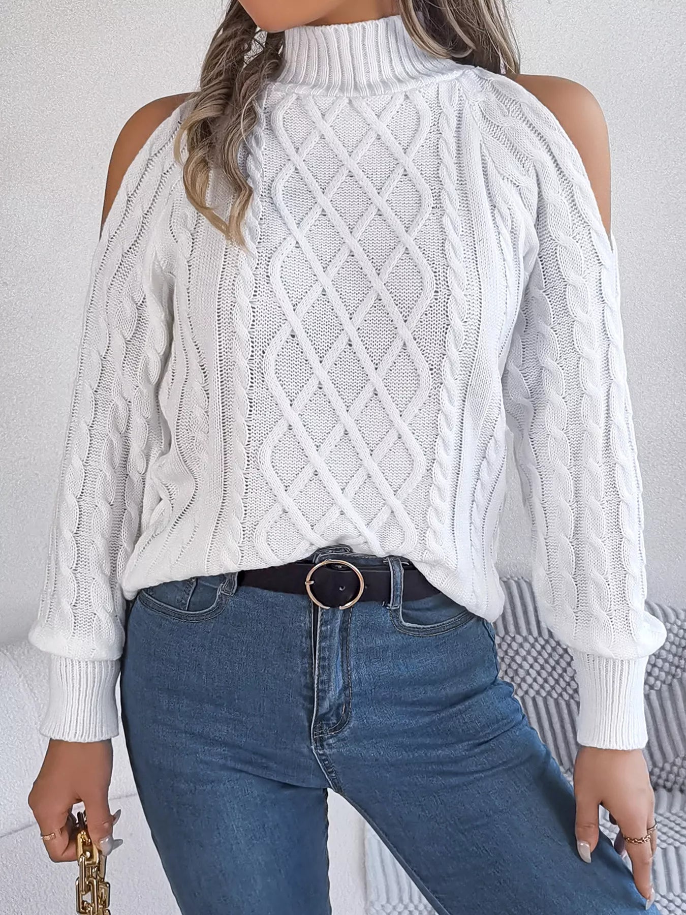 Cable Knit Cold Shoulder Turtleneck Sweater OutfitFlow