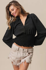 BiBi Smoking Waist Band and Puff Sleeves Deep V Neck Top OutfitFlow