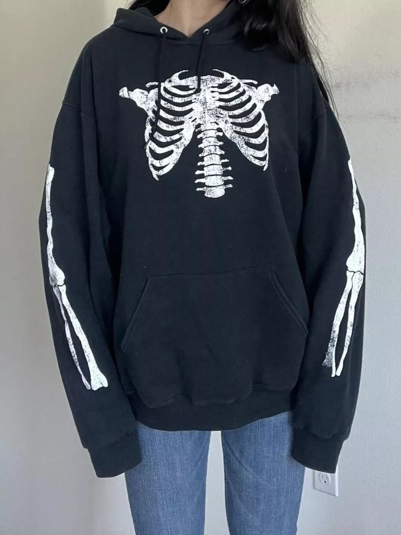 Drawstring Skeleton Long Sleeve Hoodie OutfitFlow