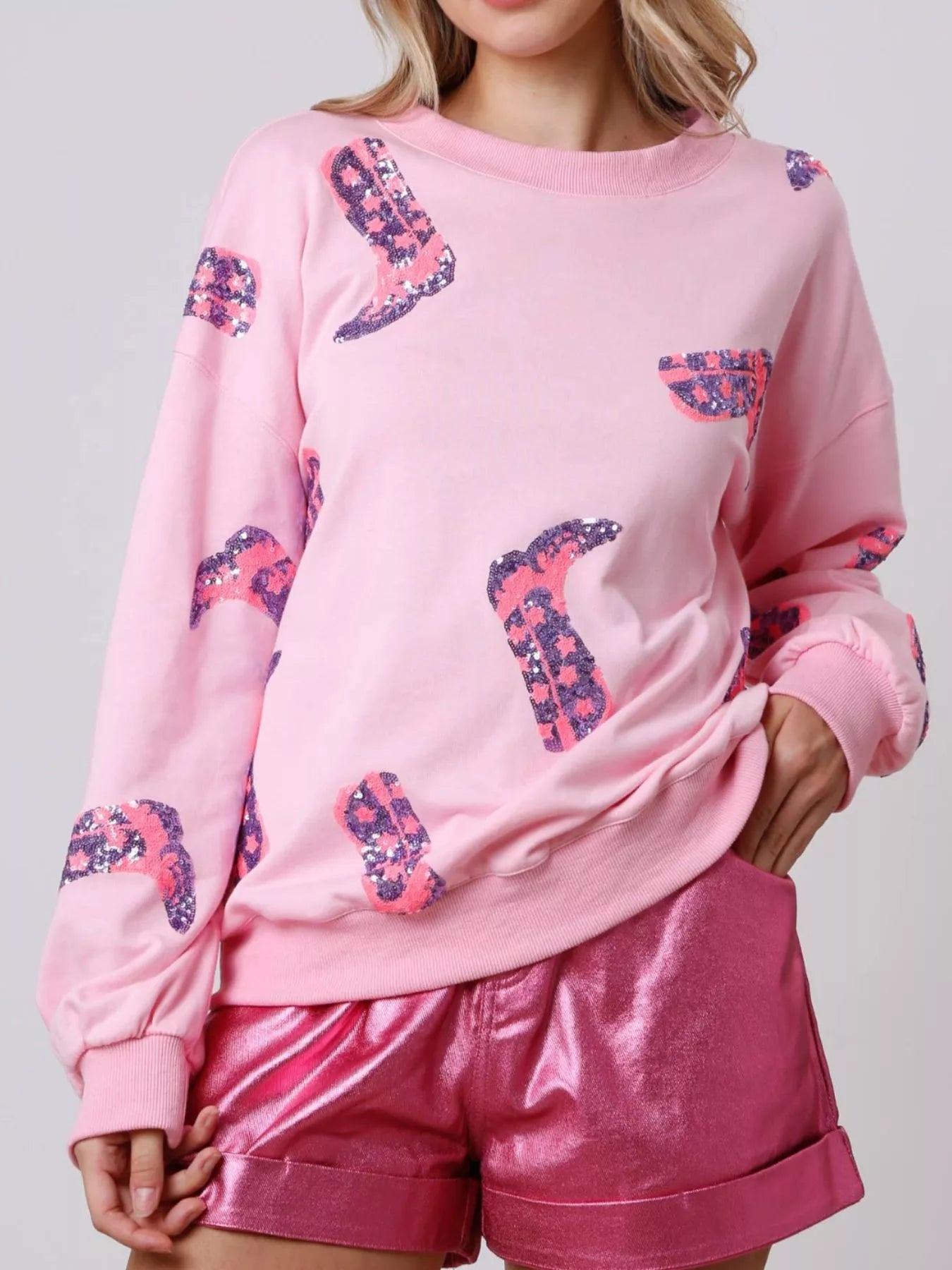 Sequin Boot Crewneck Sweatshirt OutfitFlow