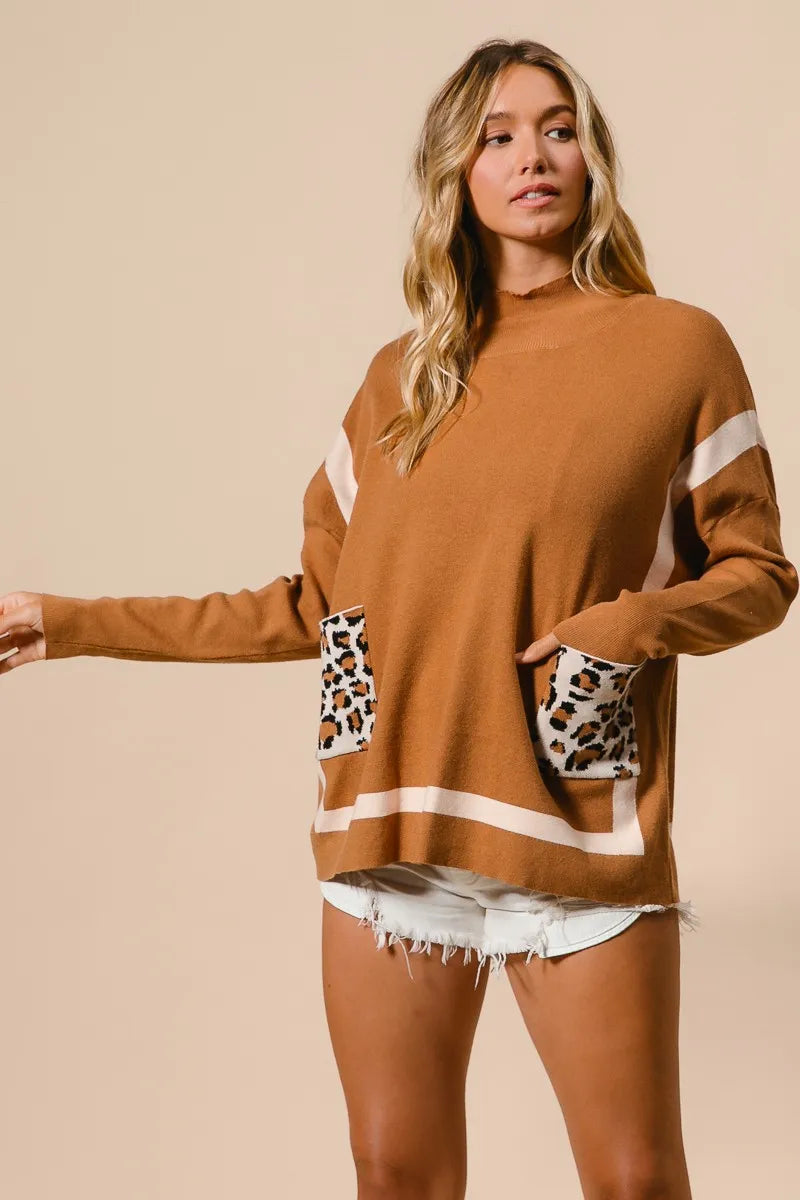 BiBi Mock Neck Sweater with Leopard Pocket OutfitFlow