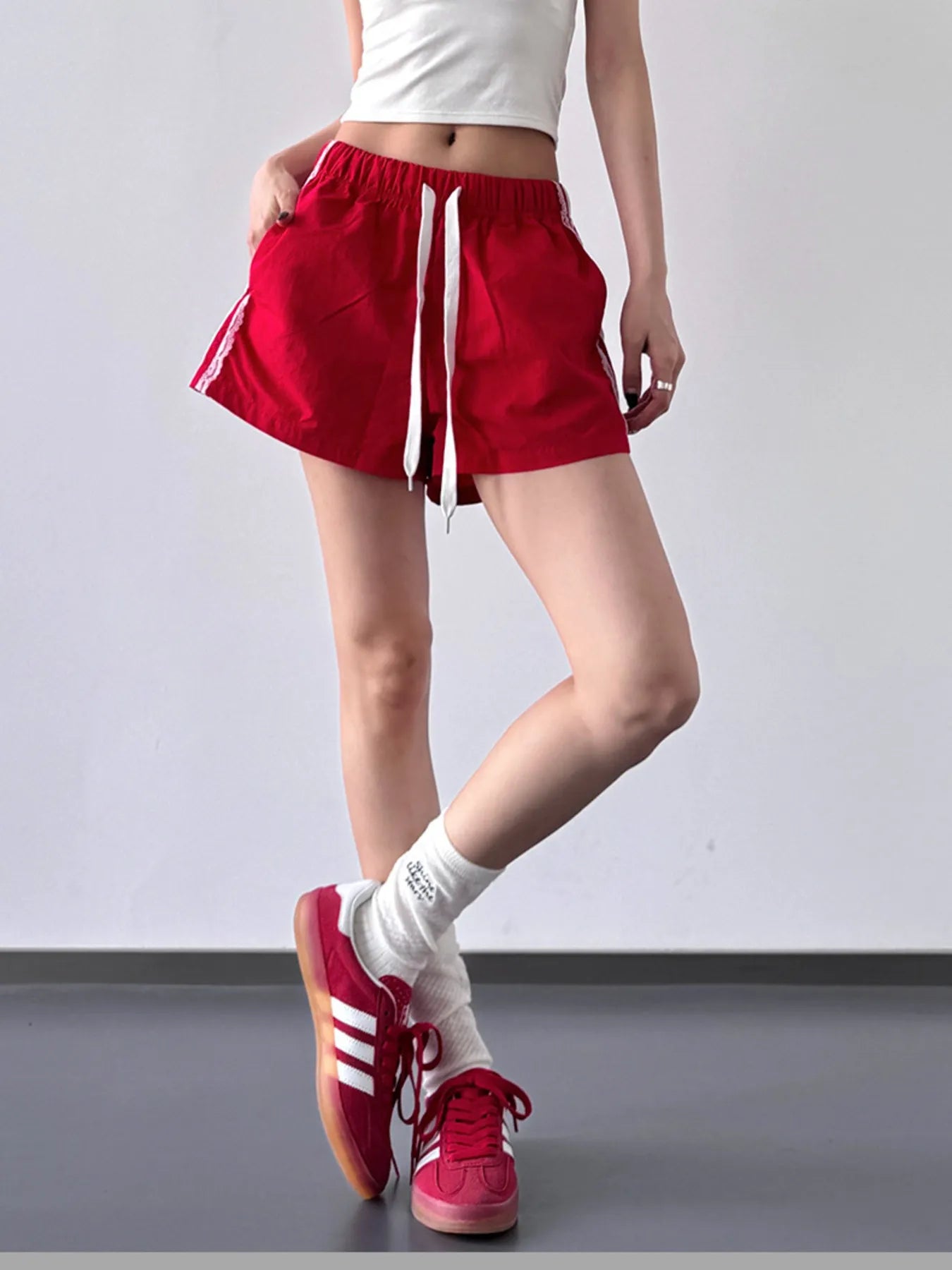 Side Stripe Drawstring Shorts Red OutfitFlow