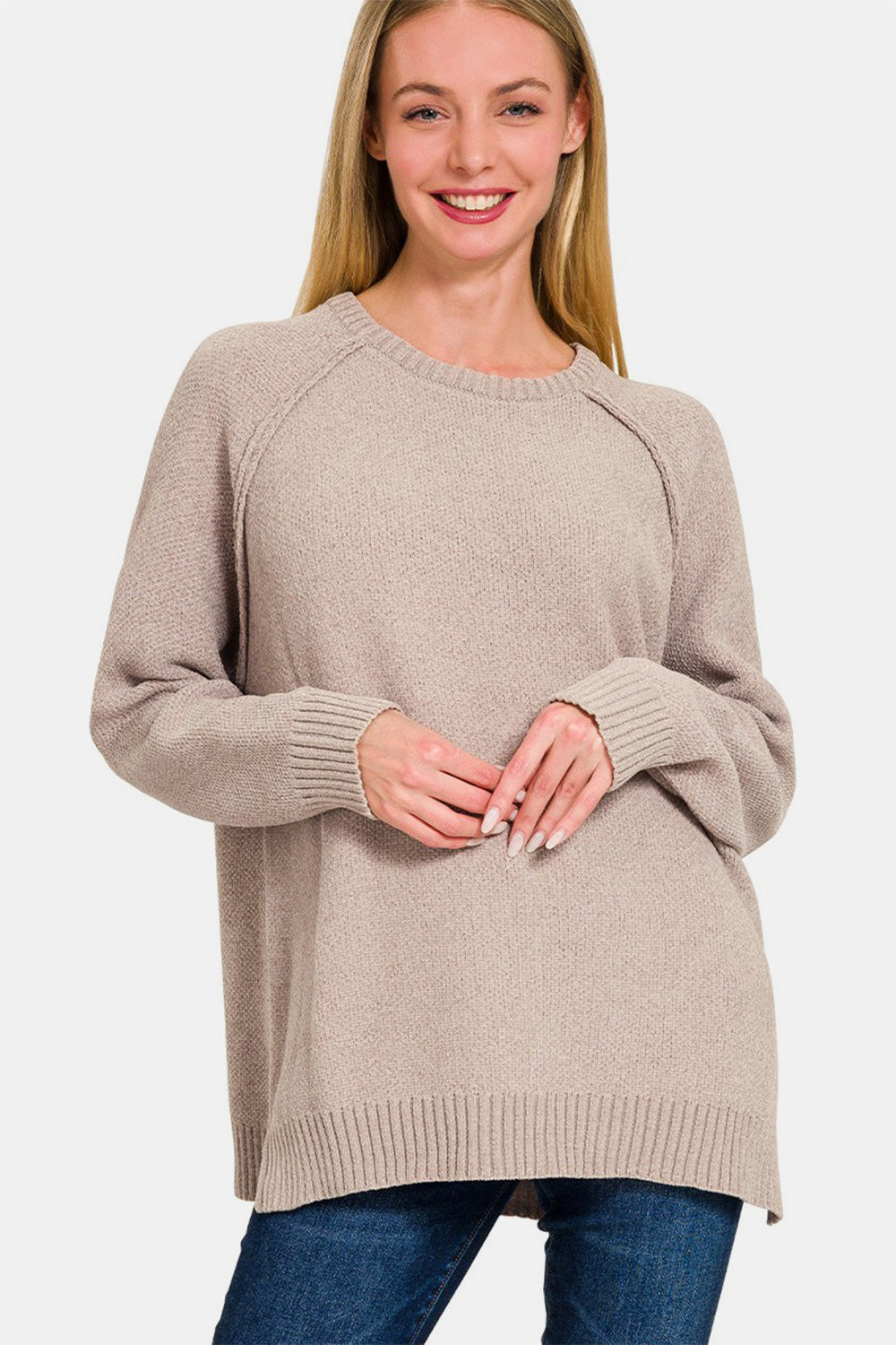 Outfit Flow - Zenana Side Slit Raglan Sleeve Sweater