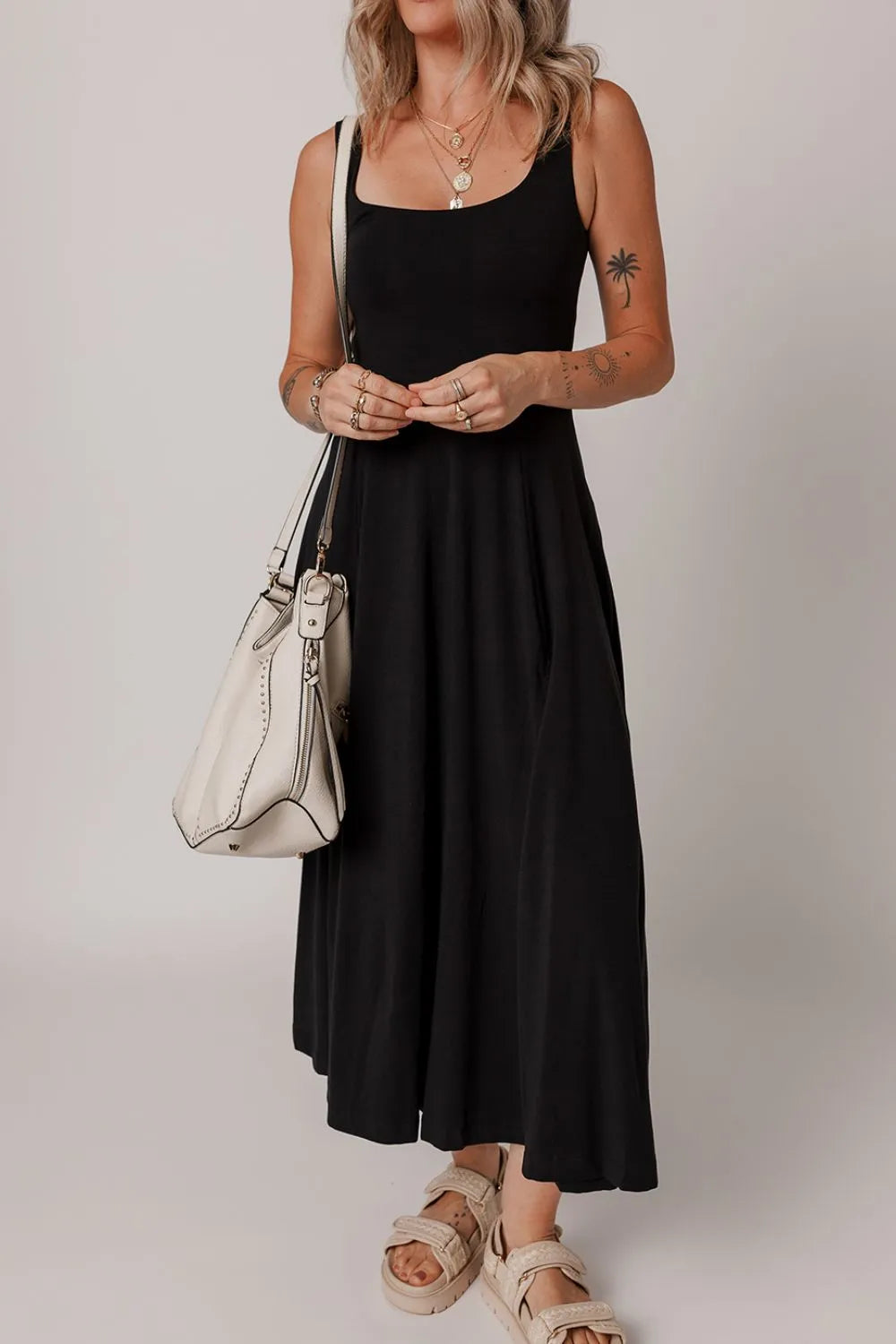 Side Slit Scoop Neck Wide Strap Dress OutfitFlow