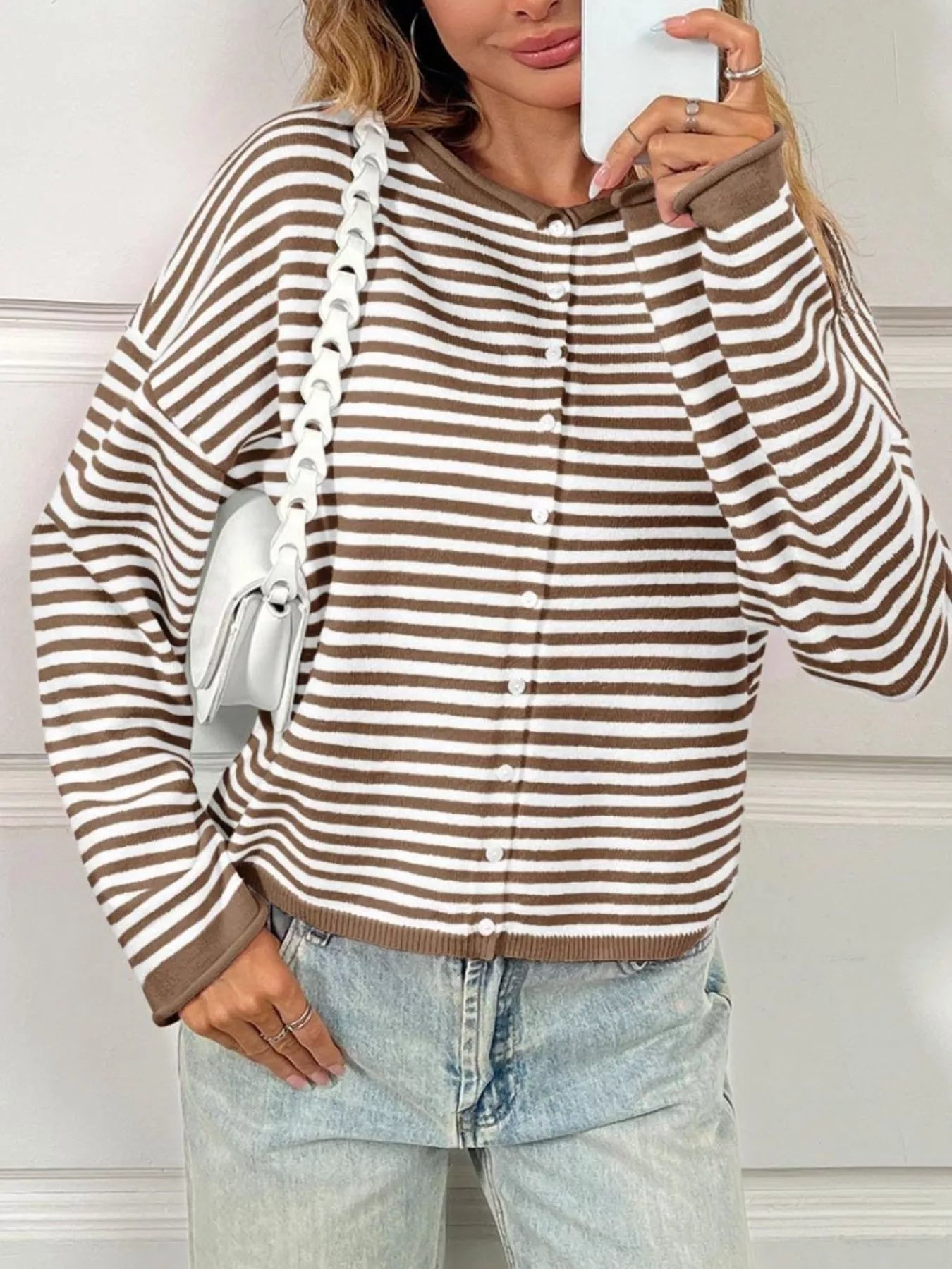 Striped Button-Down Knit Cardigan OutfitFlow