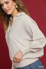 Umgee Linen Long Sleeves Elastic Hem Blouse OutfitFlow