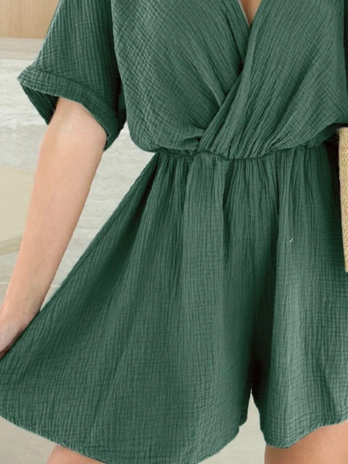 Surplice Half Sleeve Wrap Romper OutfitFlow