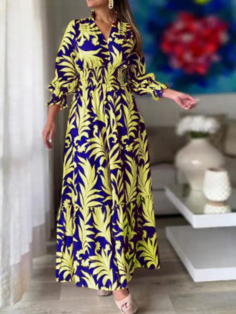 Printed Flounce Sleeve Maxi Dress Yellow OutfitFlow