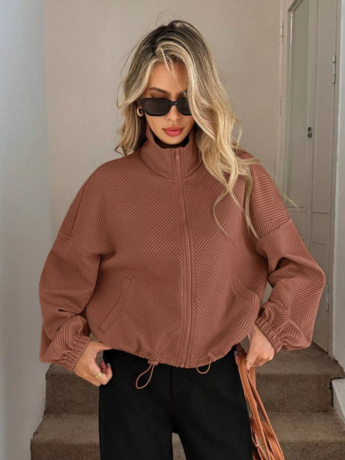 Drawstring Hem Textured Long Sleeve Jacket OutfitFlow