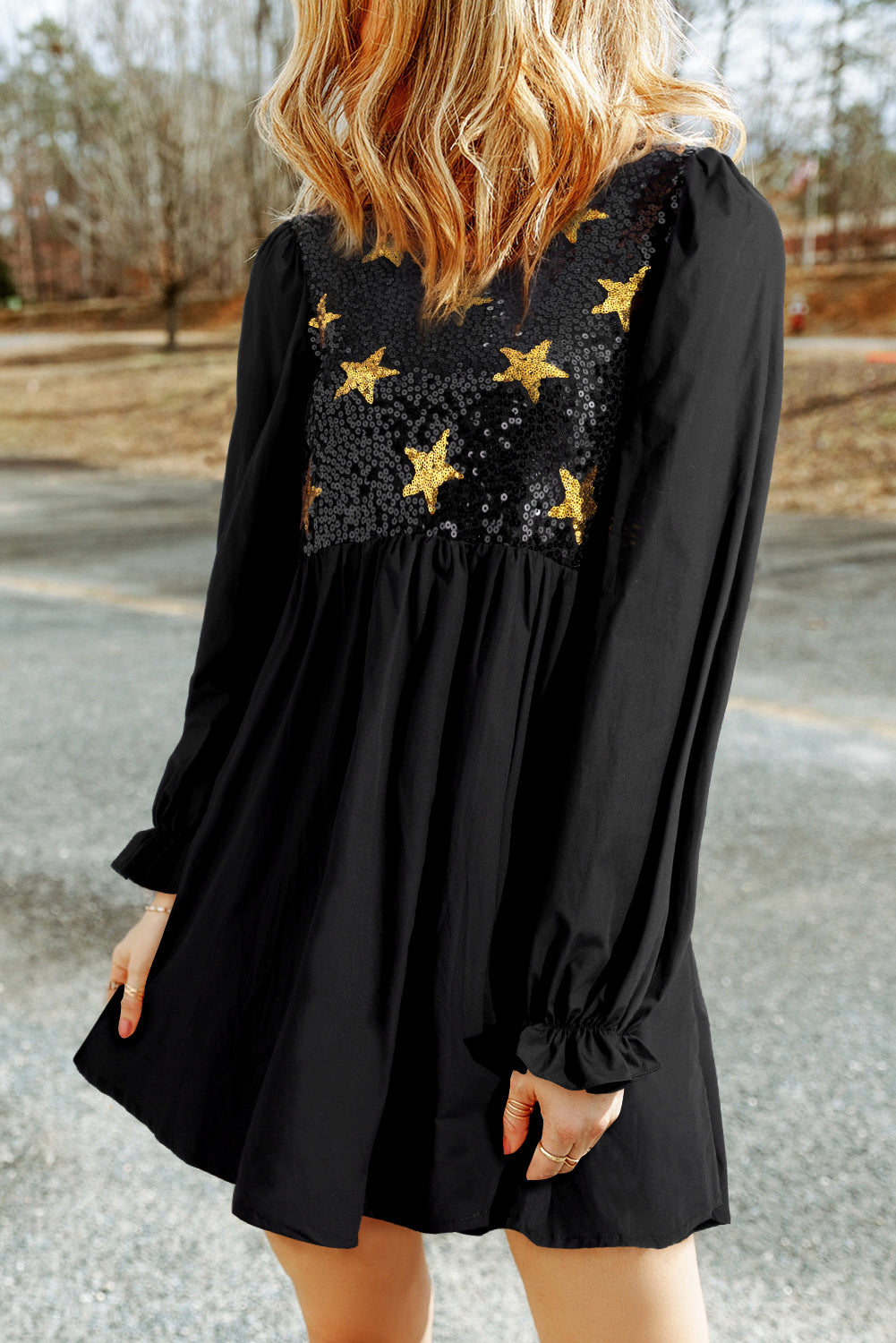 Outfit Flow - Sequin Star Round Neck Flounce Sleeve Mini Dress